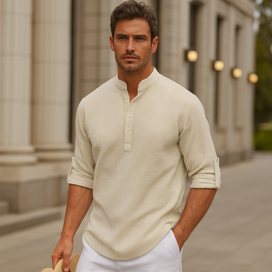 Casual heren top met opstaande kraag en knoopsluiting